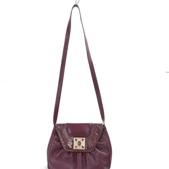 VINTAGE PANTERA PLUM WINE LEATHER AND GENUINE SNAKESKIN CABOCHON CROSSBODY - Picture 4 of 7